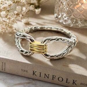 Two Tone Knot Hinged Bangle Bracelet Silver Gold Tone Love Knot Cuff Elegant